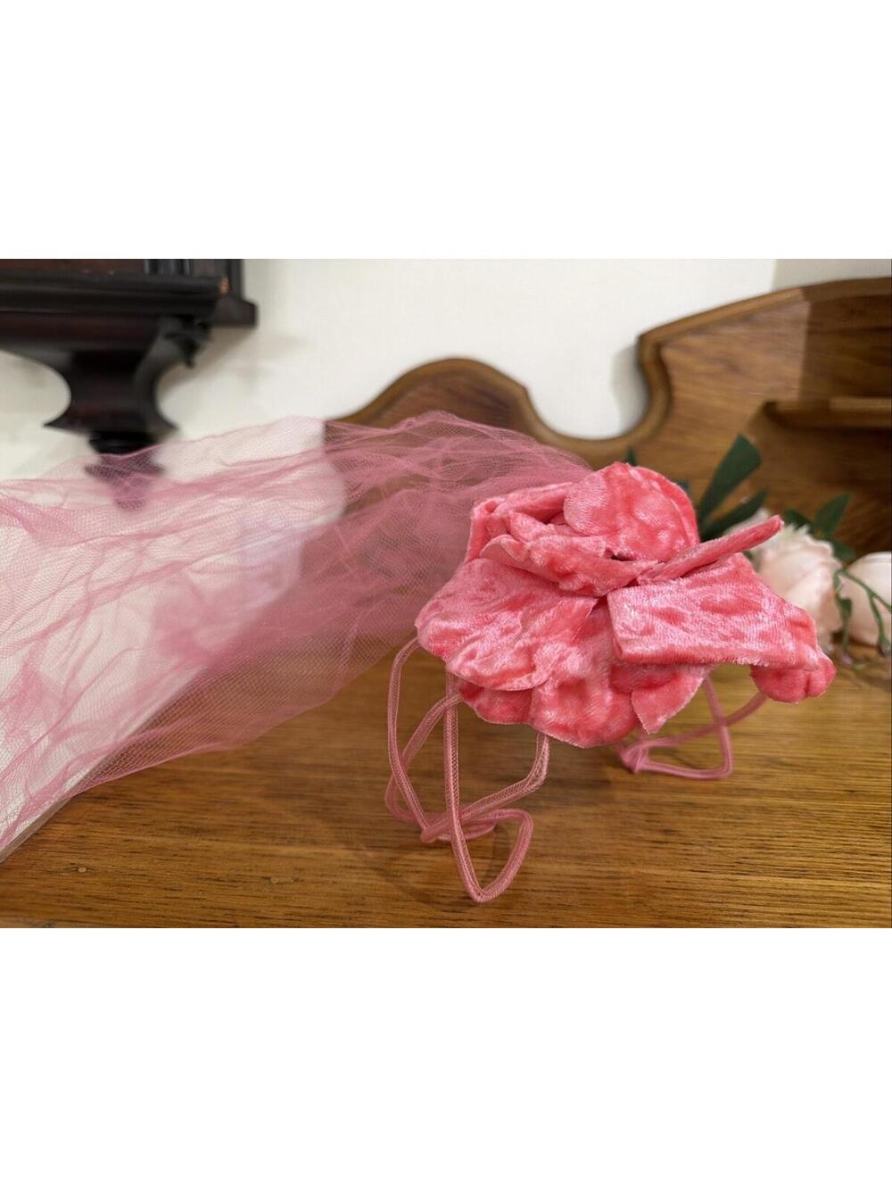 Vintage 1950s Hot Pink Velvet Floral Petal Fascinator Hat with Pink Veil Retro